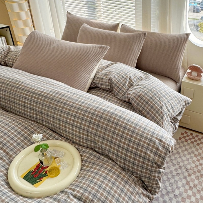 91家纺网 家纺一手货源 找家纺 梦精灵家纺 2026新款全棉床盖单件色织水洗棉绗缝夹棉床单 四季通用榻米防滑学生宿舍单人被套枕套 棕咖