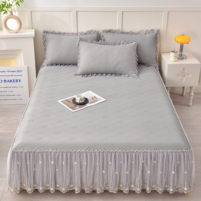 畅畅家纺  2026新款网红爆款夏季立体爱心冰豆豆凉席床裙款三件套 爱心-灰