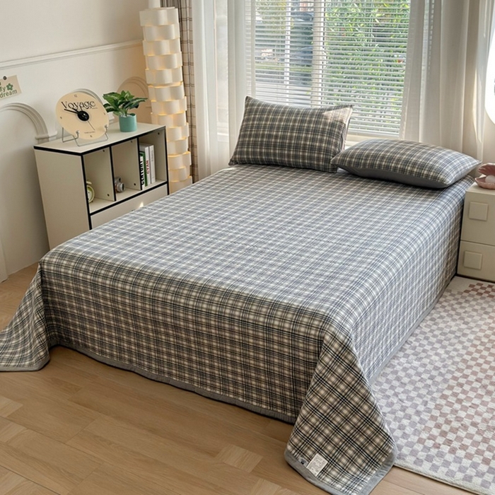 91家纺网 家纺一手货源 找家纺 梦精灵家纺 2026新款全棉床盖单件色织水洗棉绗缝夹棉床单 四季通用榻米防滑学生宿舍单人被套枕套 利奥蓝