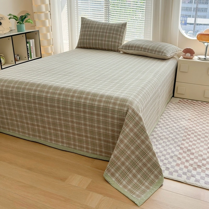 91家纺网 家纺一手货源 找家纺 梦精灵家纺 2026新款全棉床盖单件色织水洗棉绗缝夹棉床单 四季通用榻米防滑学生宿舍单人被套枕套 利奥绿