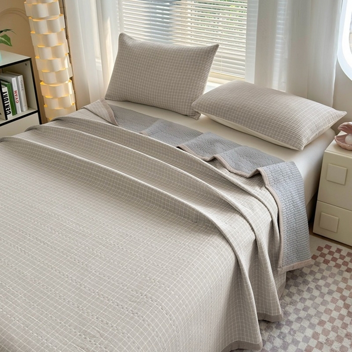 91家纺网 家纺一手货源 找家纺 梦精灵家纺 2026新款全棉床盖单件色织水洗棉绗缝夹棉床单 四季通用榻米防滑学生宿舍单人被套枕套 罗恩灰