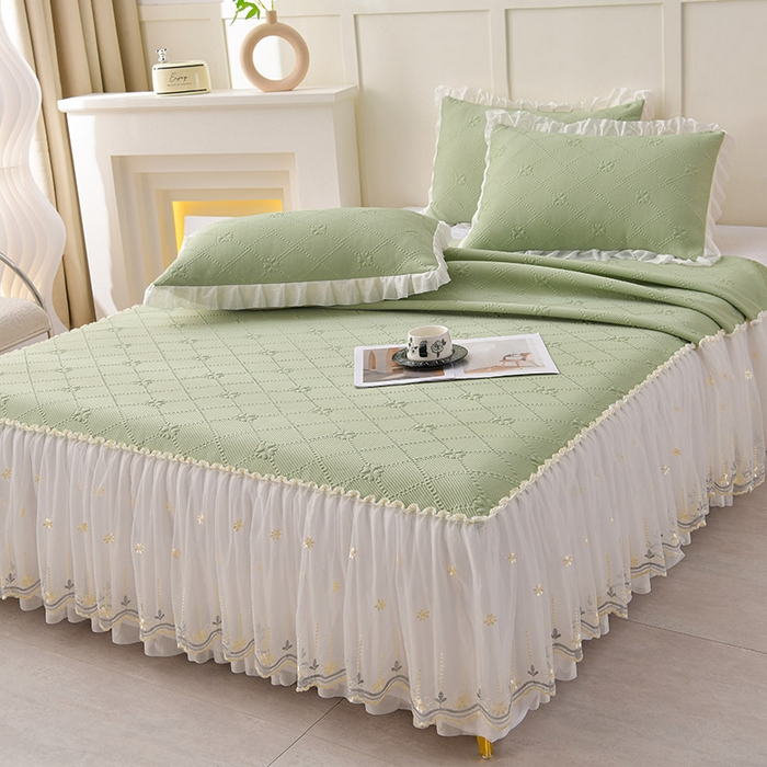 91家纺网 家纺一手货源 找家纺 畅畅家纺  2026新款网红爆款夏季立体爱心冰豆豆凉席床裙款三件套 爱心-苹果绿