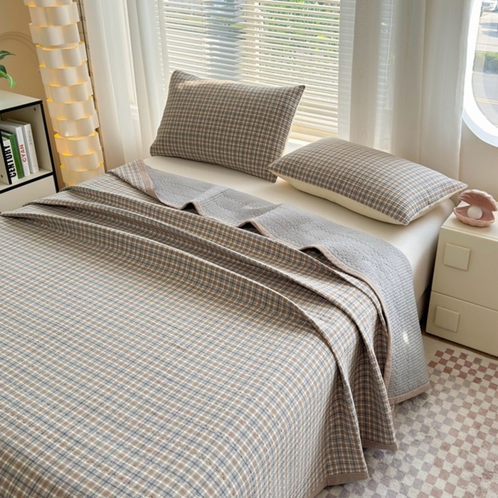 91家纺网 家纺一手货源 找家纺 梦精灵家纺 2026新款全棉床盖单件色织水洗棉绗缝夹棉床单 四季通用榻米防滑学生宿舍单人被套枕套 可颂咖