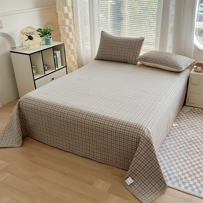 91家纺网 家纺一手货源 找家纺 梦精灵家纺 2026新款全棉床盖单件色织水洗棉绗缝夹棉床单 四季通用榻米防滑学生宿舍单人被套枕套 可颂咖