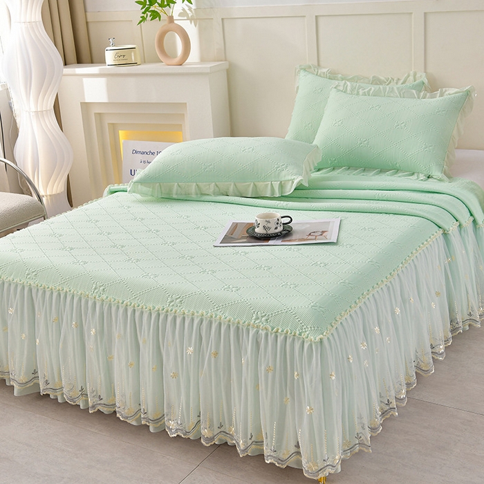 91家纺网 家纺一手货源 找家纺 畅畅家纺  2026新款网红爆款夏季立体爱心冰豆豆凉席床裙款三件套 爱心-浅绿