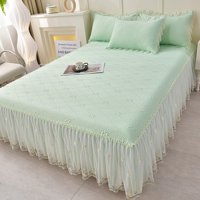 91家纺网 家纺一手货源 找家纺 畅畅家纺  2026新款网红爆款夏季立体爱心冰豆豆凉席床裙款三件套 爱心-浅绿