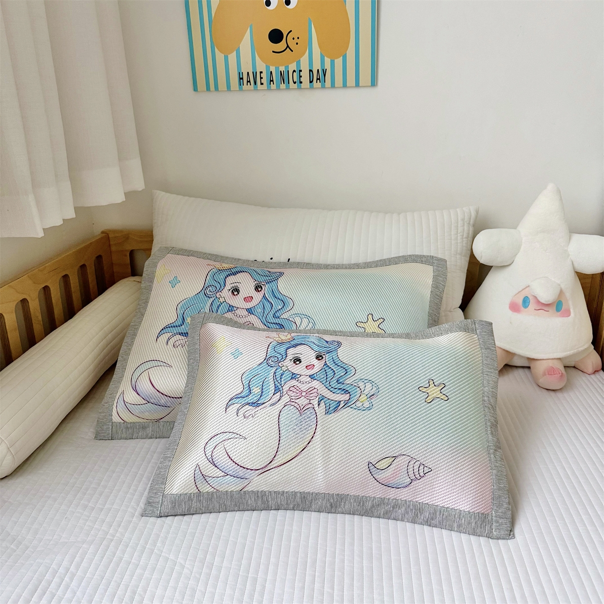 萌宝家纺 夏季A类大版儿童冰藤枕套夏季双面枕头幼儿园冰藤枕套儿童冰丝枕头 人鱼公主