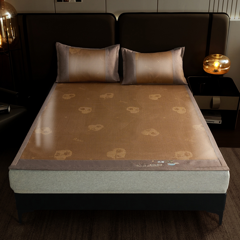 青雅席业 2026新款防滑3D复合冰藤凉席三件套 冰藤-心心相印-咖