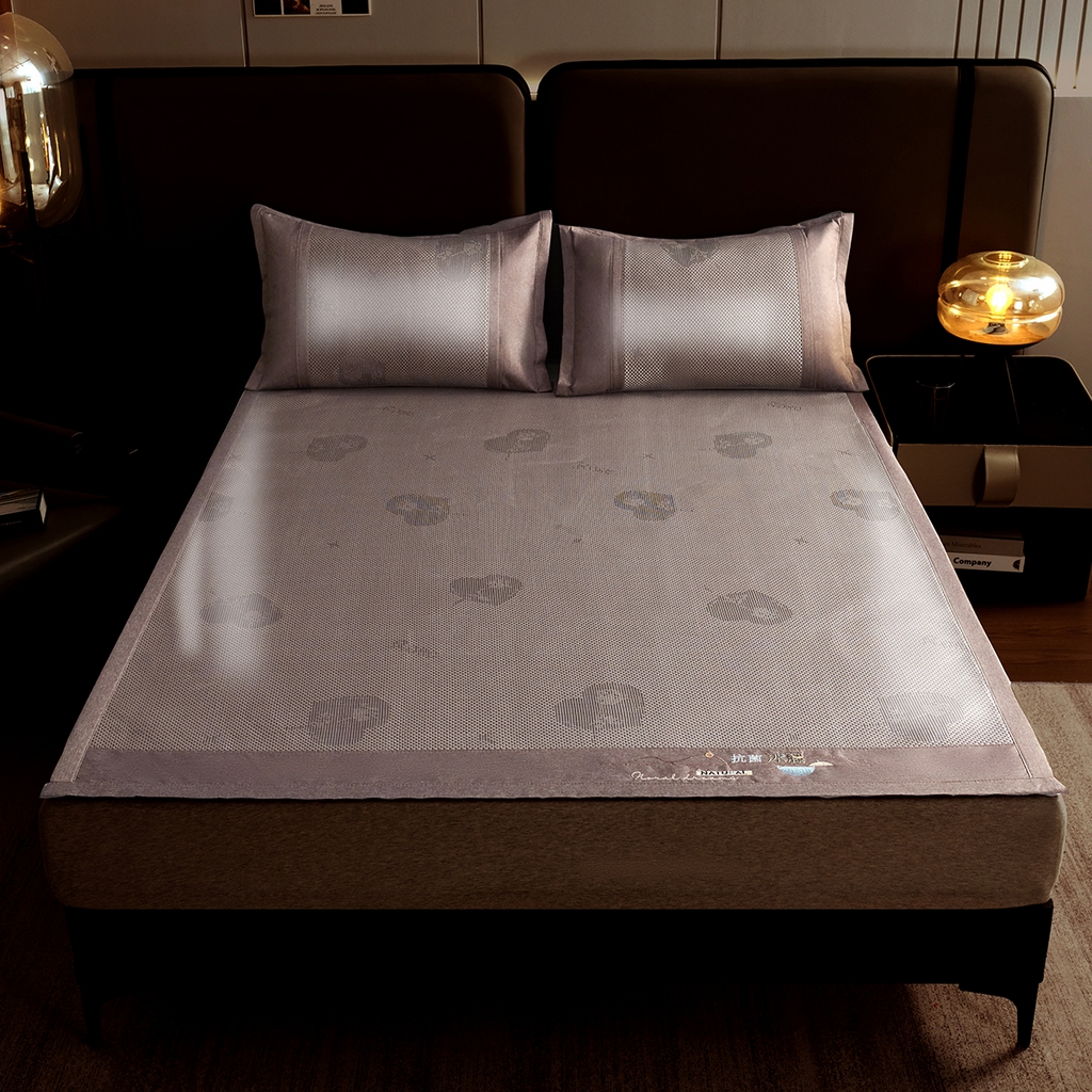 青雅席业 2026新款防滑3D复合冰藤凉席三件套 冰藤-心心相印-香槟