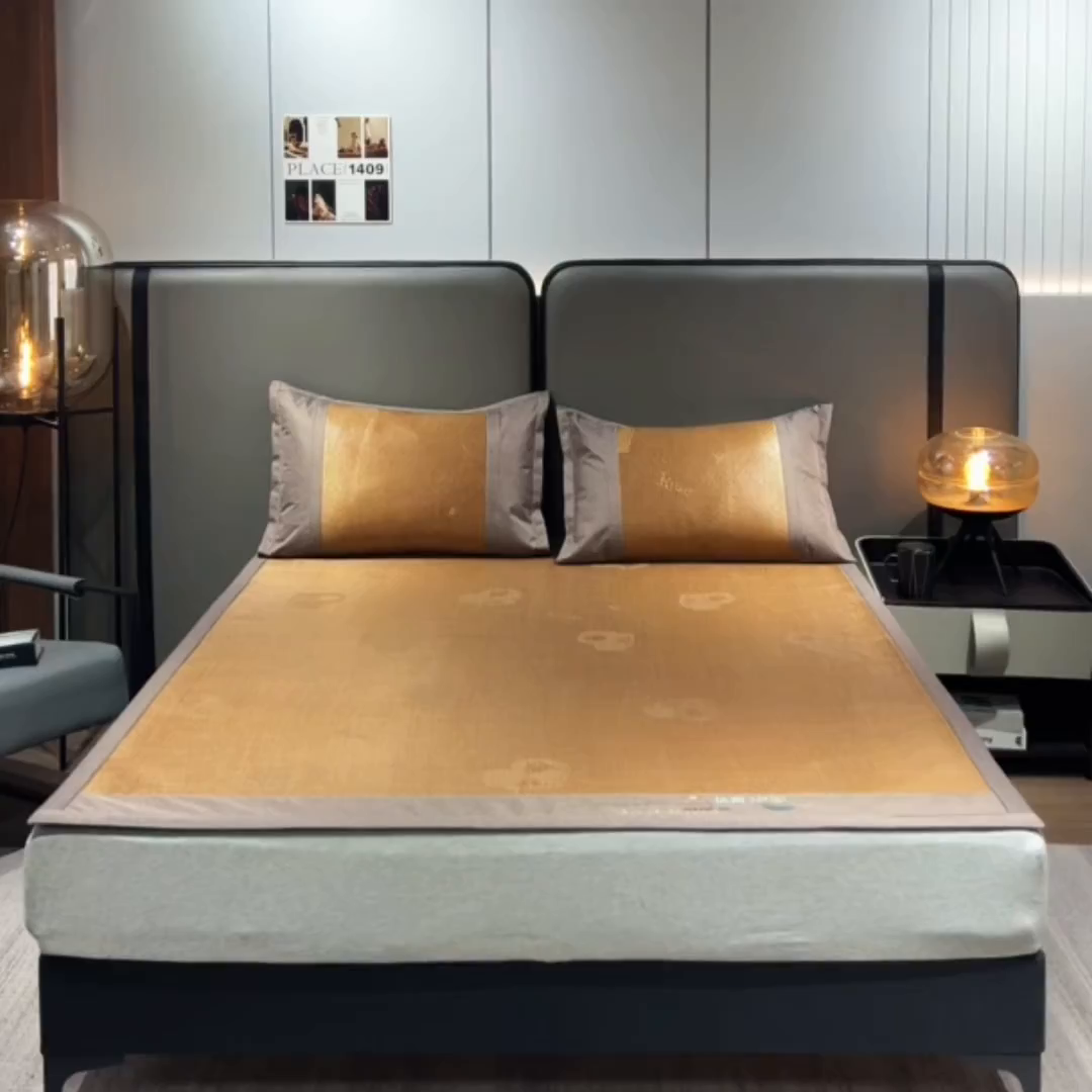 91家纺网 家纺一手货源 找家纺 青雅席业 2026新款防滑3D复合冰藤凉席三件套 冰藤-心心相印-咖