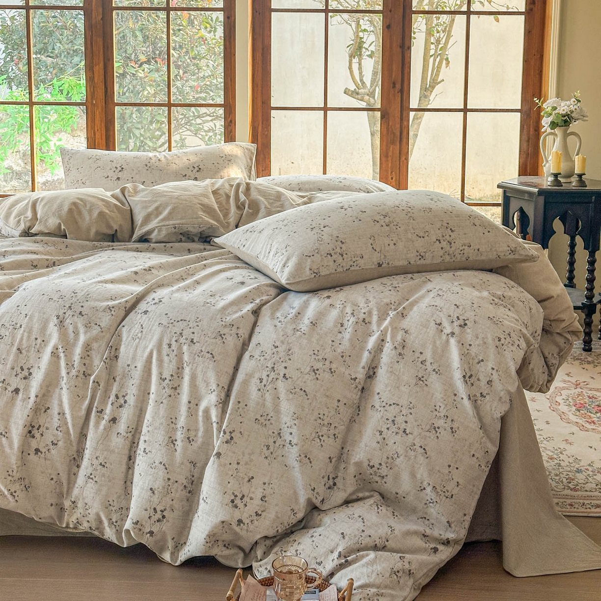 91家纺网 家纺一手货源 找家纺 田野 2026新款全棉棉麻四件套-碎花系列 爱在春秋 灰