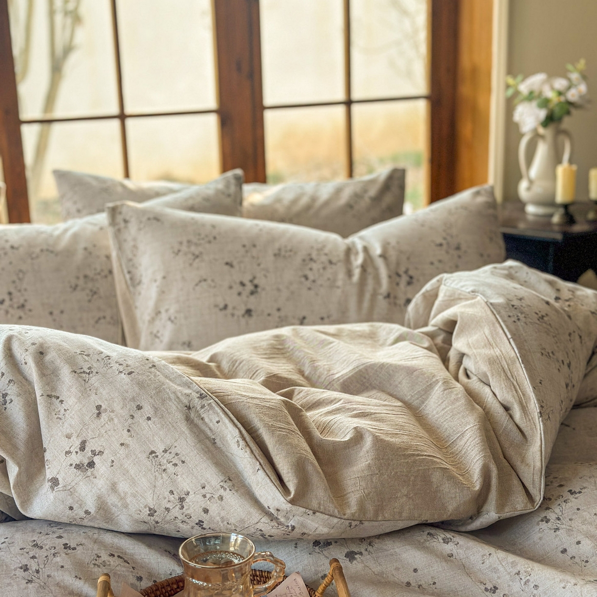 91家纺网 家纺一手货源 找家纺 田野 2026新款全棉棉麻四件套-碎花系列 爱在春秋 灰