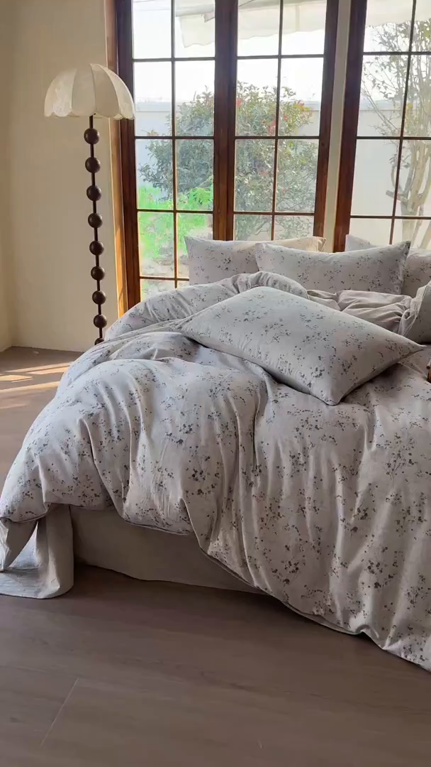 91家纺网 家纺一手货源 找家纺 田野 2026新款全棉棉麻四件套-碎花系列 爱在春秋 灰