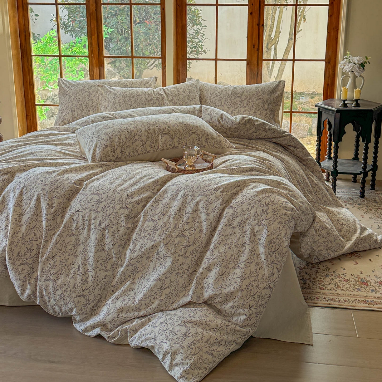 91家纺网 家纺一手货源 找家纺 田野 2026新款全棉棉麻四件套-碎花系列 叶语悠然 紫