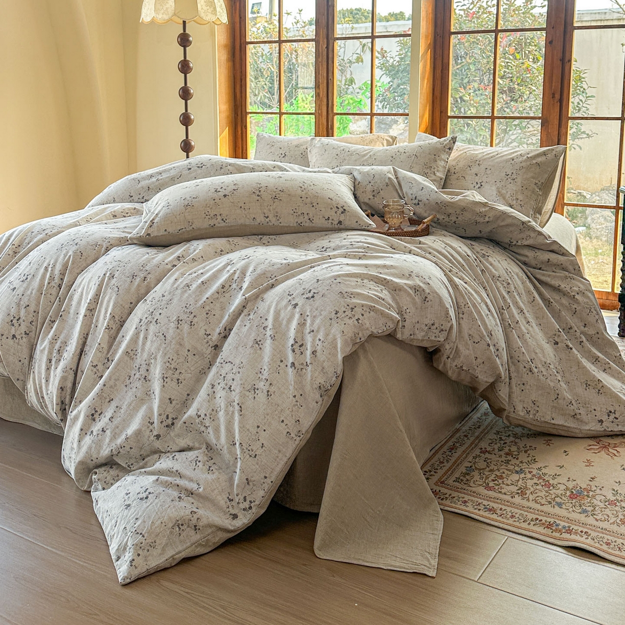 91家纺网 家纺一手货源 找家纺 田野 2026新款全棉棉麻四件套-碎花系列 爱在春秋 灰