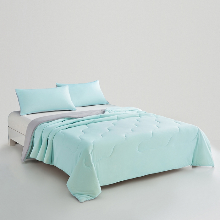 91家纺网 家纺一手货源 找家纺 沐晴家纺 2026新款A类氨纶凉感丝双拼纯色空调被大豆夏被 冰川蓝灰