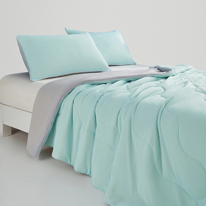 91家纺网 家纺一手货源 找家纺 沐晴家纺 2026新款A类氨纶凉感丝双拼纯色空调被大豆夏被 冰川蓝灰