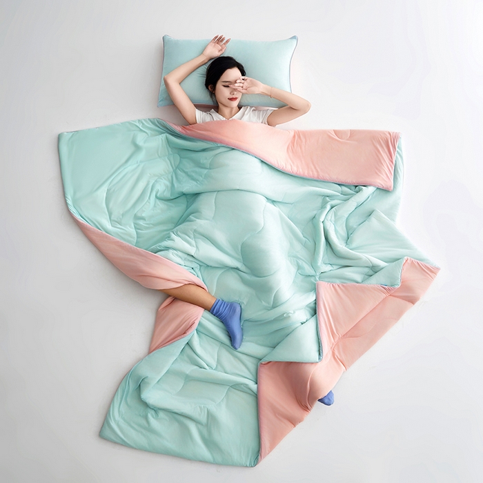 91家纺网 家纺一手货源 找家纺 沐晴家纺 2026新款A类氨纶凉感丝双拼纯色空调被大豆夏被 冰川蓝粉