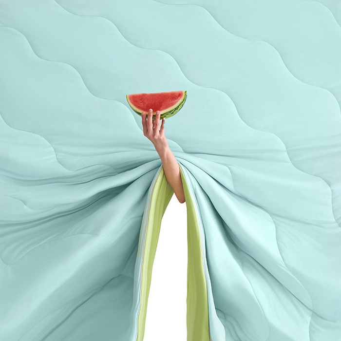 91家纺网 家纺一手货源 找家纺 沐晴家纺 2026新款A类氨纶凉感丝双拼纯色空调被大豆夏被 冰川蓝绿