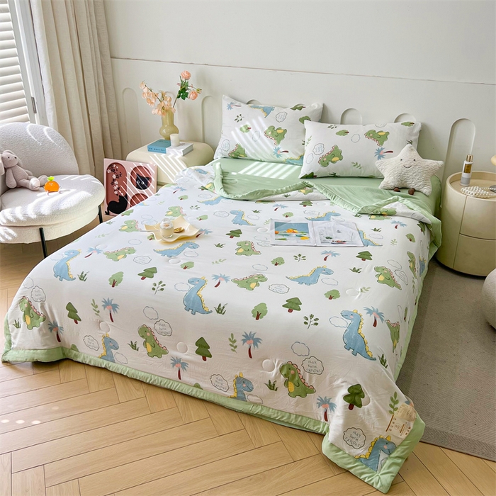 91家纺网 家纺一手货源 找家纺 爱屋及屋 2026新款小清新水洗棉棉花夏被夏凉被空调被 绿色恐龙