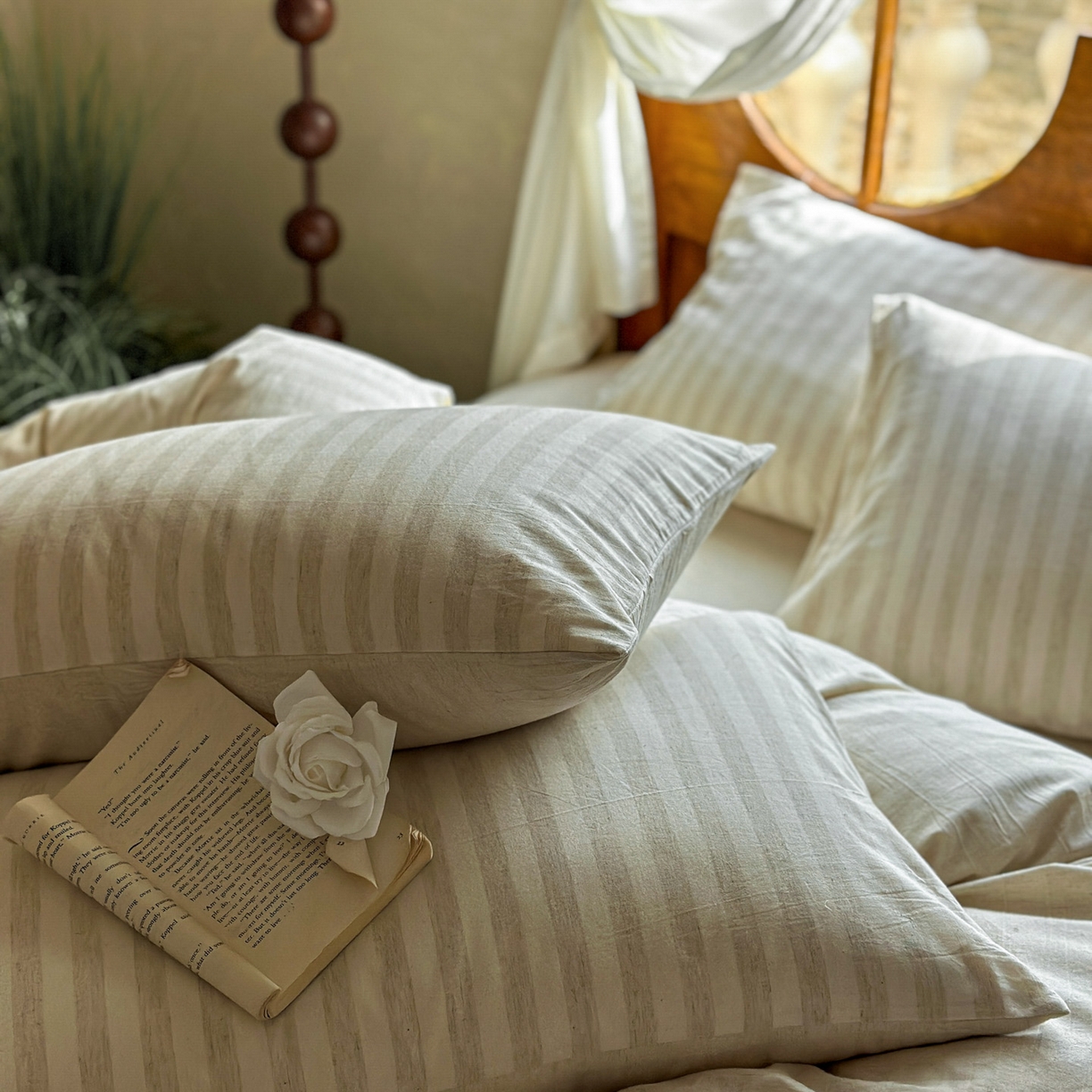 91家纺网 家纺一手货源 找家纺 田野 2026新款全棉棉麻四件套-条纹系列 禾风 米驼