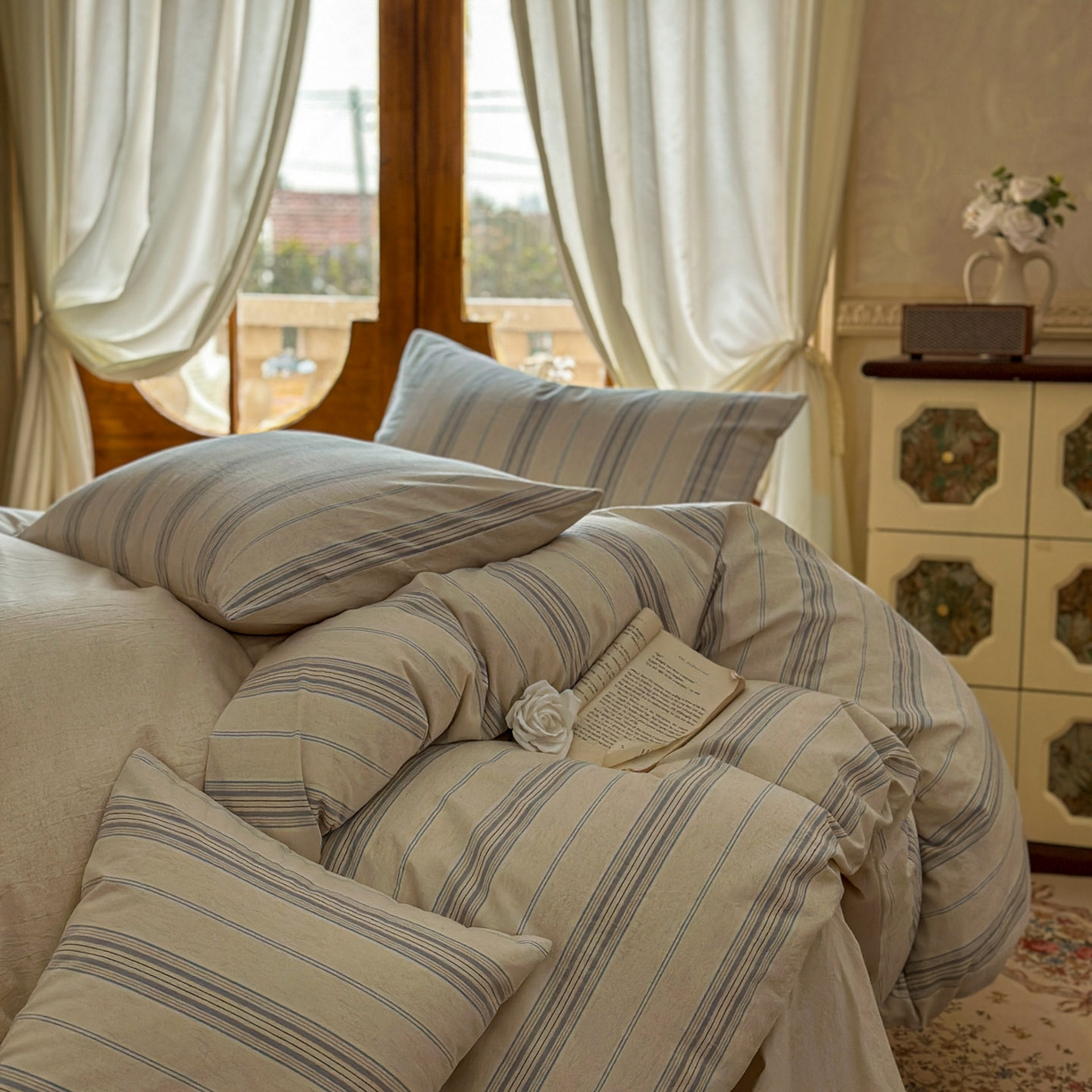 91家纺网 家纺一手货源 找家纺 田野 2026新款全棉棉麻四件套-条纹系列 禾风 兰灰