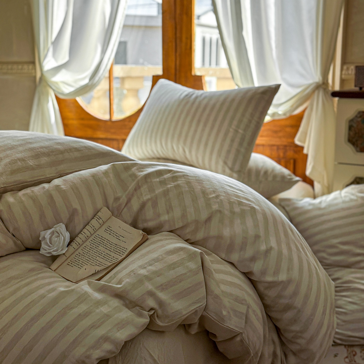 91家纺网 家纺一手货源 找家纺 田野 2026新款全棉棉麻四件套-条纹系列 禾风 米驼