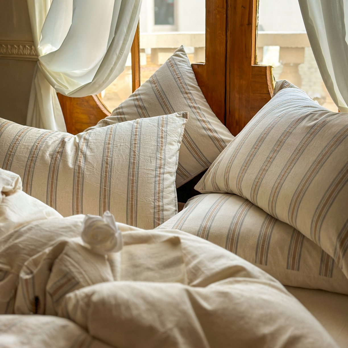 91家纺网 家纺一手货源 找家纺 田野 2026新款全棉棉麻四件套-条纹系列 禾风 卡其