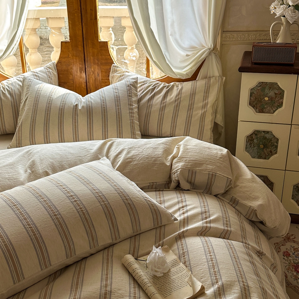 91家纺网 家纺一手货源 找家纺 田野 2026新款全棉棉麻四件套-条纹系列 禾风 卡其