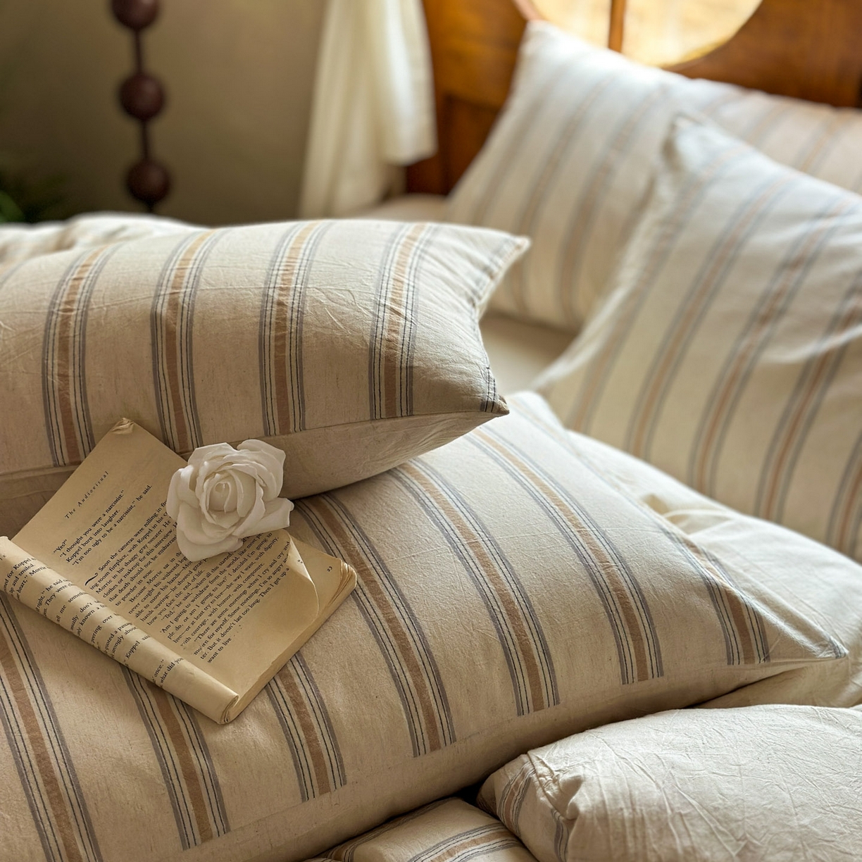 91家纺网 家纺一手货源 找家纺 田野 2026新款全棉棉麻四件套-条纹系列 禾风 卡其