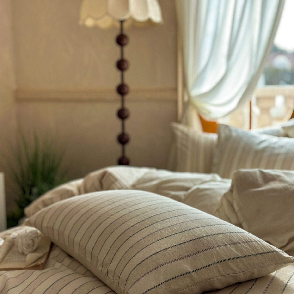 91家纺网 家纺一手货源 找家纺 田野 2026新款全棉棉麻四件套-条纹系列 禾风 紫条