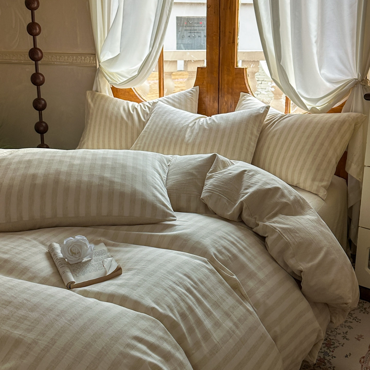 91家纺网 家纺一手货源 找家纺 田野 2026新款全棉棉麻四件套-条纹系列 禾风 米驼