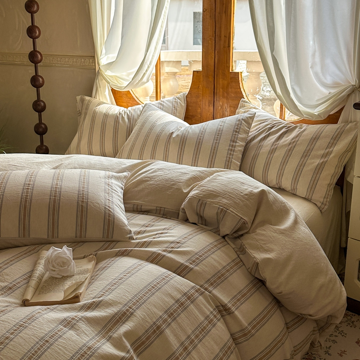 91家纺网 家纺一手货源 找家纺 田野 2026新款全棉棉麻四件套-条纹系列 禾风 卡其