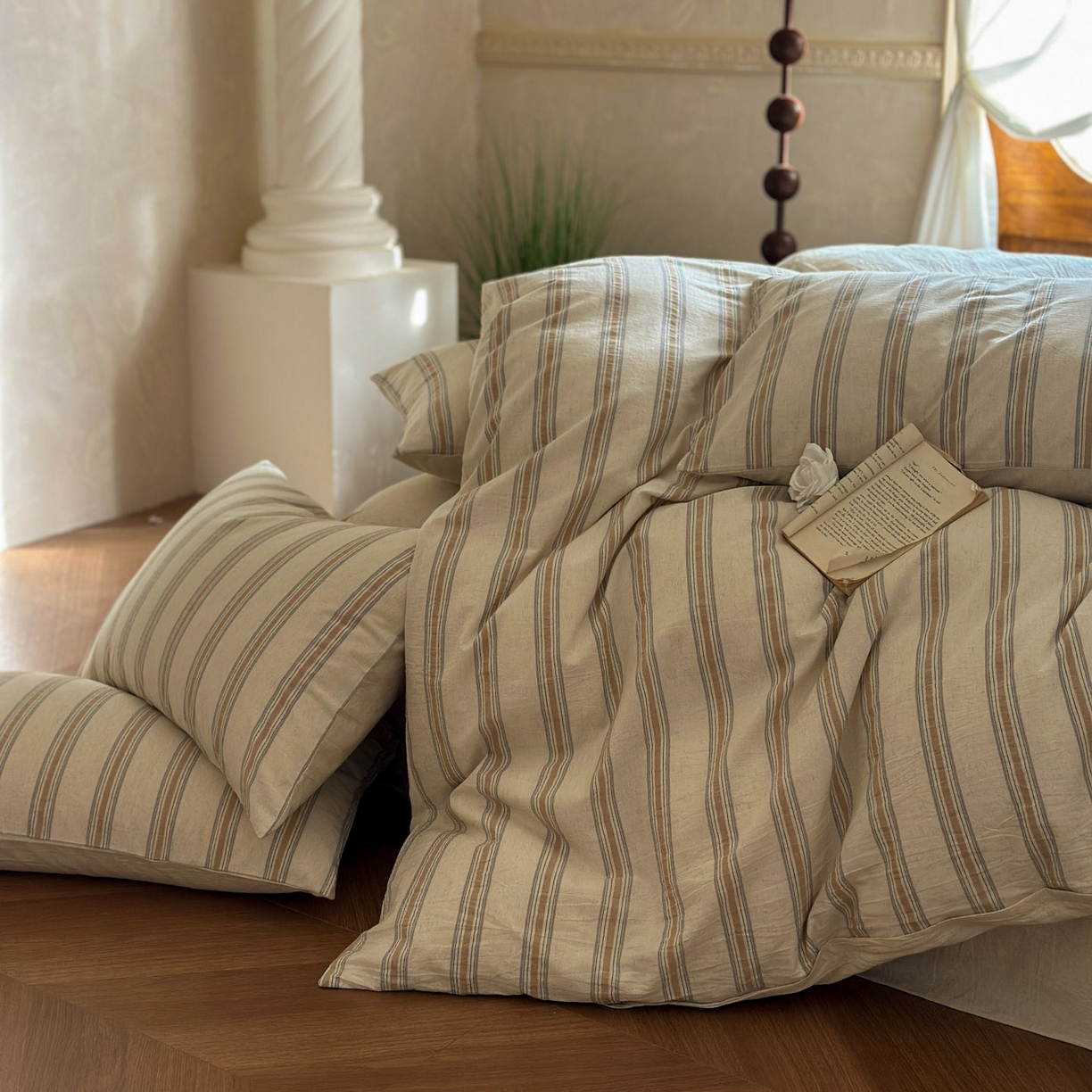 91家纺网 家纺一手货源 找家纺 田野 2026新款全棉棉麻四件套-条纹系列 禾风 卡其