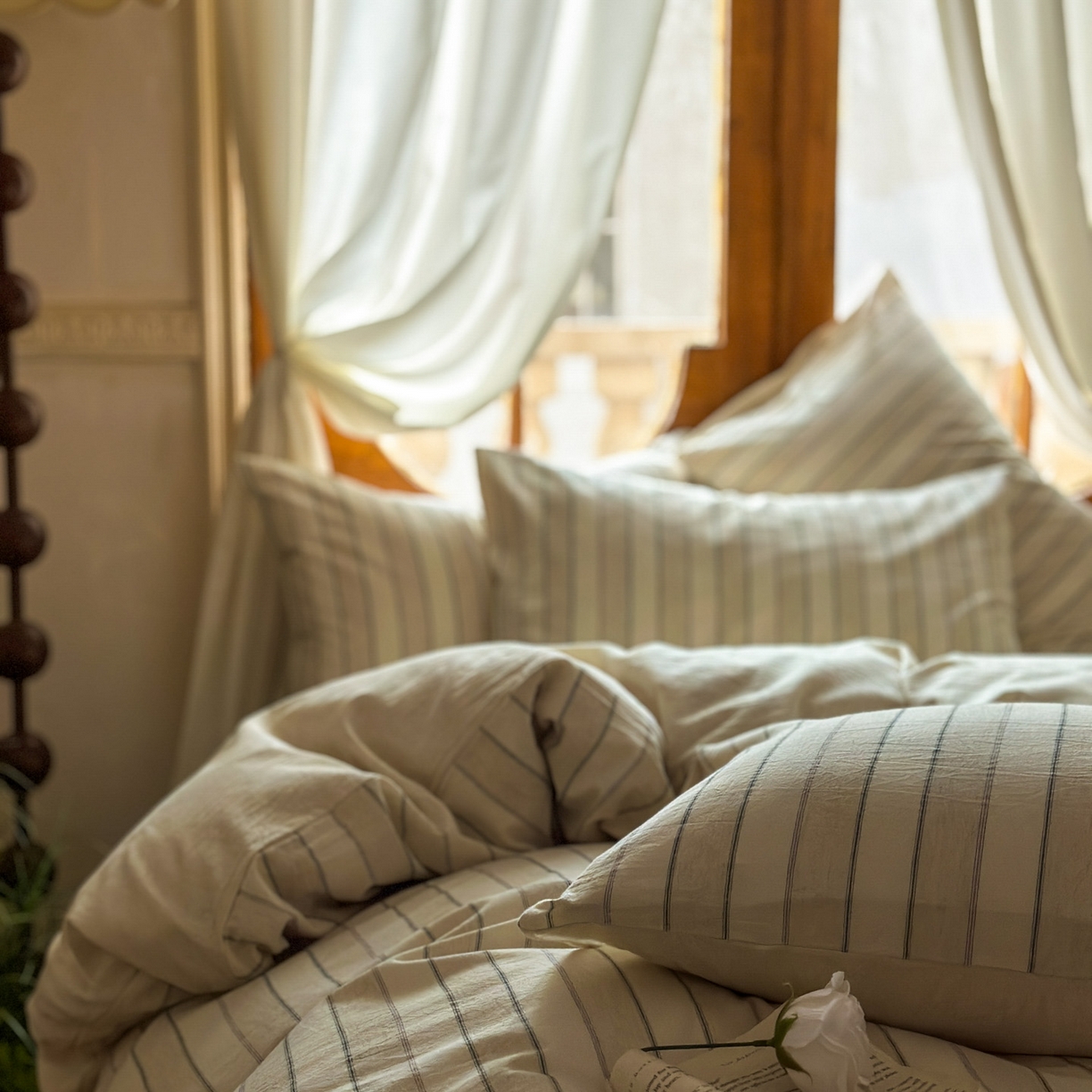 91家纺网 家纺一手货源 找家纺 田野 2026新款全棉棉麻四件套-条纹系列 禾风 紫条