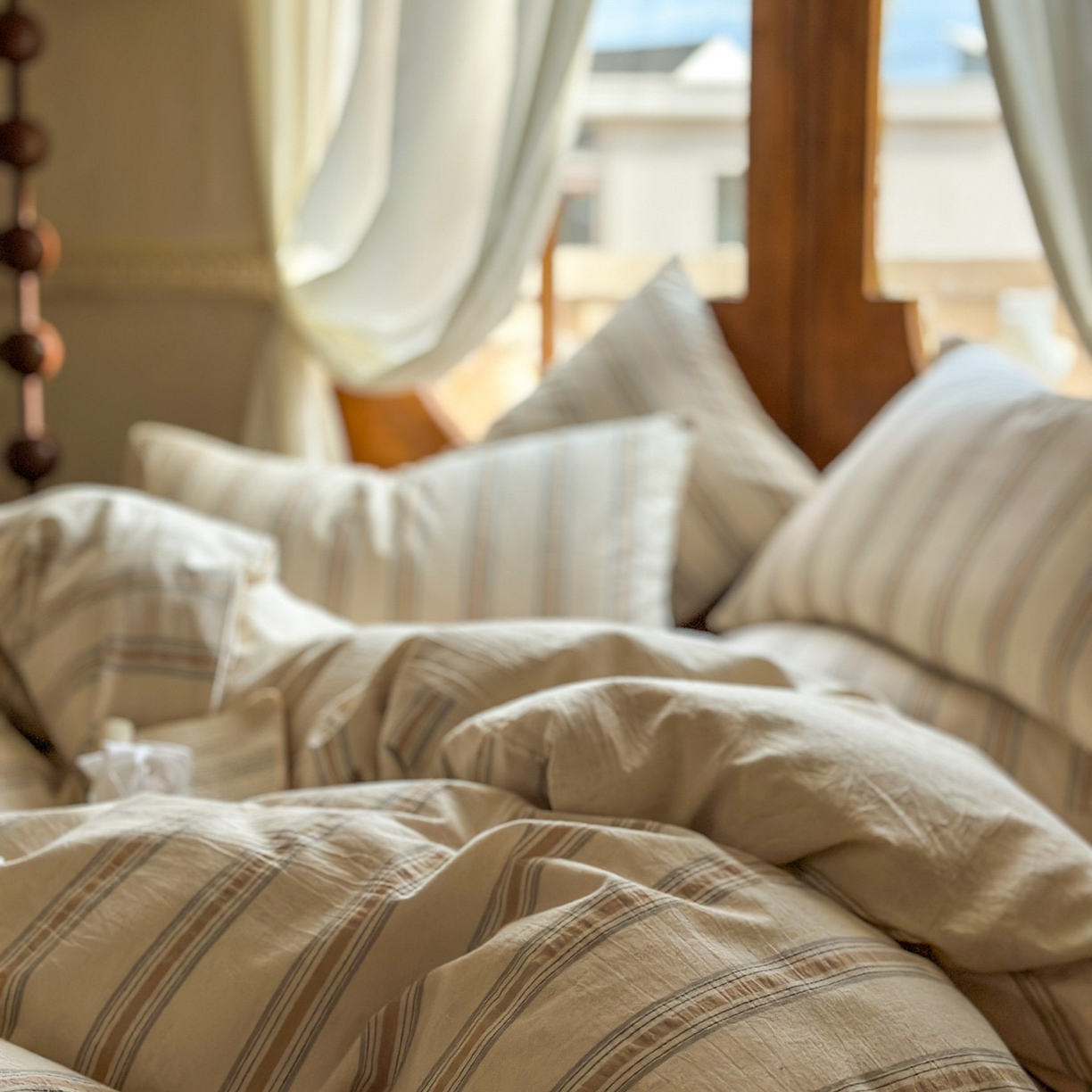 91家纺网 家纺一手货源 找家纺 田野 2026新款全棉棉麻四件套-条纹系列 禾风 卡其