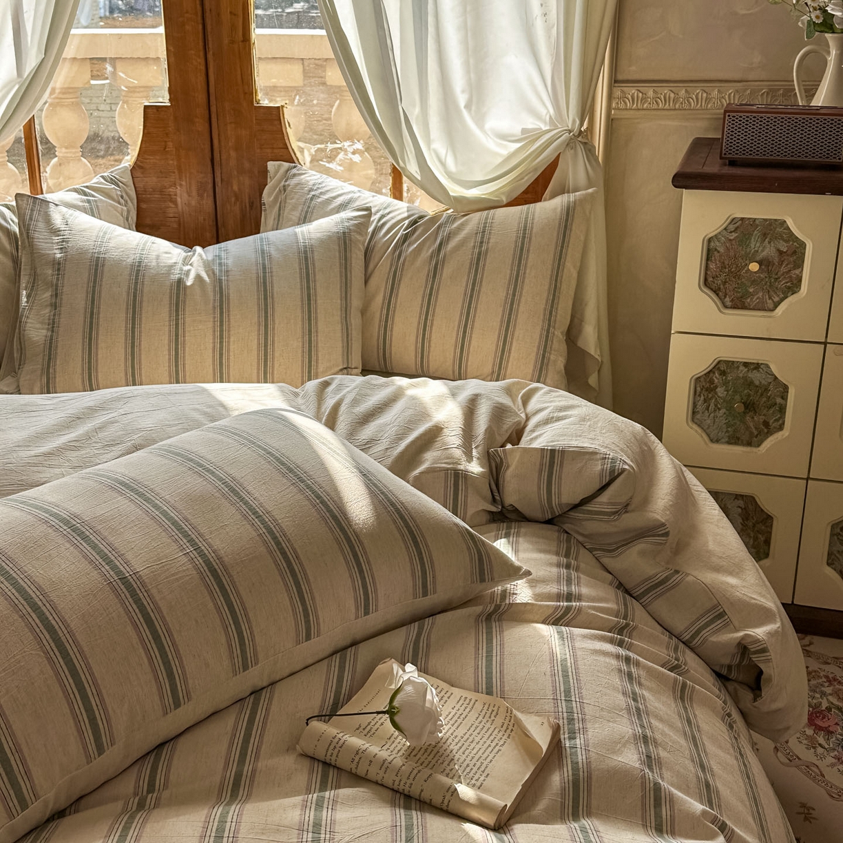 91家纺网 家纺一手货源 找家纺 田野 2026新款全棉棉麻四件套-条纹系列 禾风 粉绿