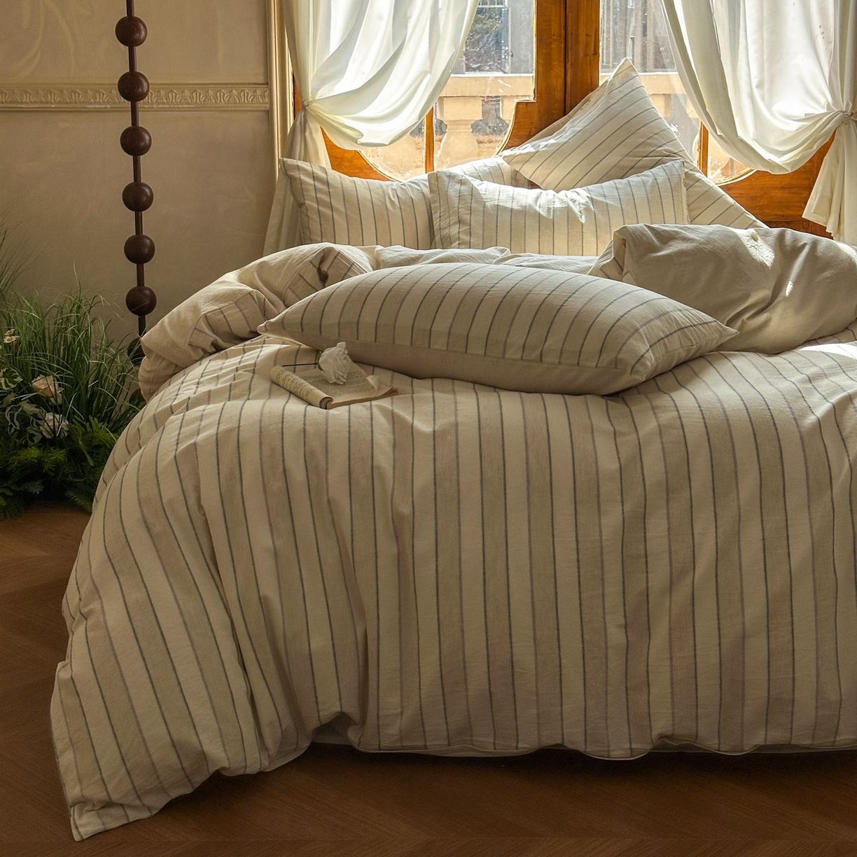 91家纺网 家纺一手货源 找家纺 田野 2026新款全棉棉麻四件套-条纹系列 禾风 紫条