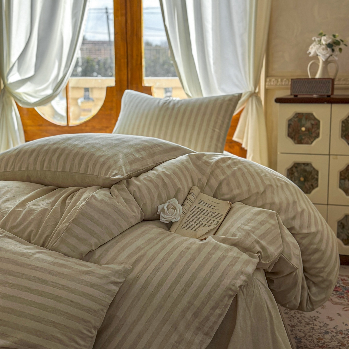 91家纺网 家纺一手货源 找家纺 田野 2026新款全棉棉麻四件套-条纹系列 禾风 米驼