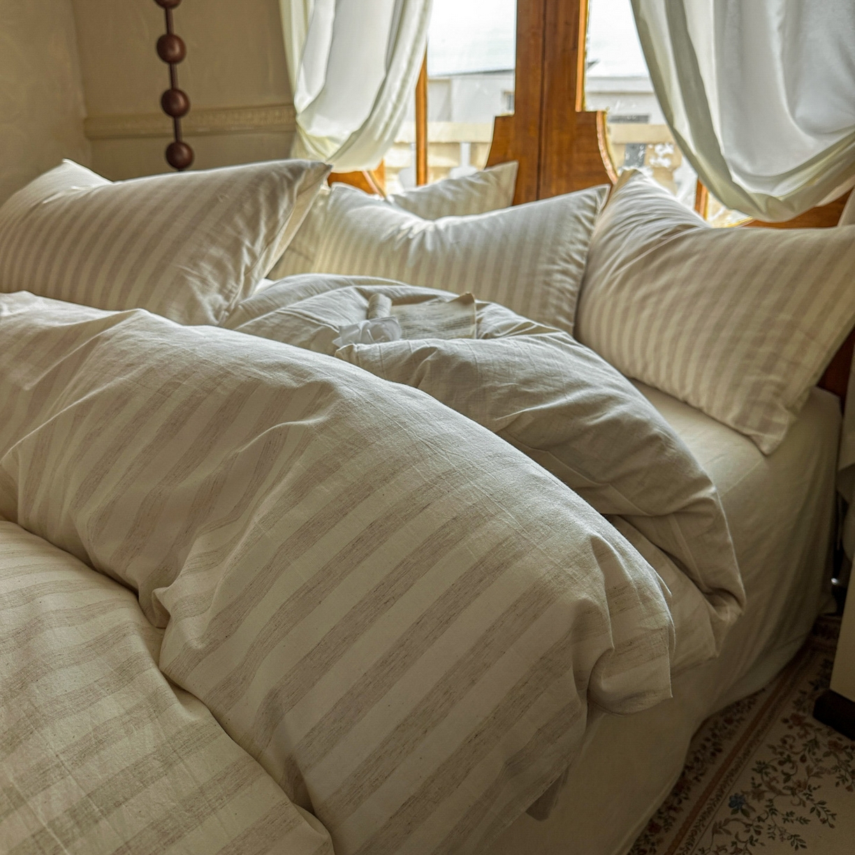 91家纺网 家纺一手货源 找家纺 田野 2026新款全棉棉麻四件套-条纹系列 禾风 米驼