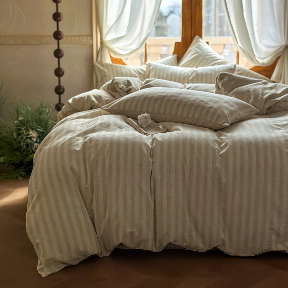 91家纺网 家纺一手货源 找家纺 田野 2026新款全棉棉麻四件套-条纹系列 禾风 米驼