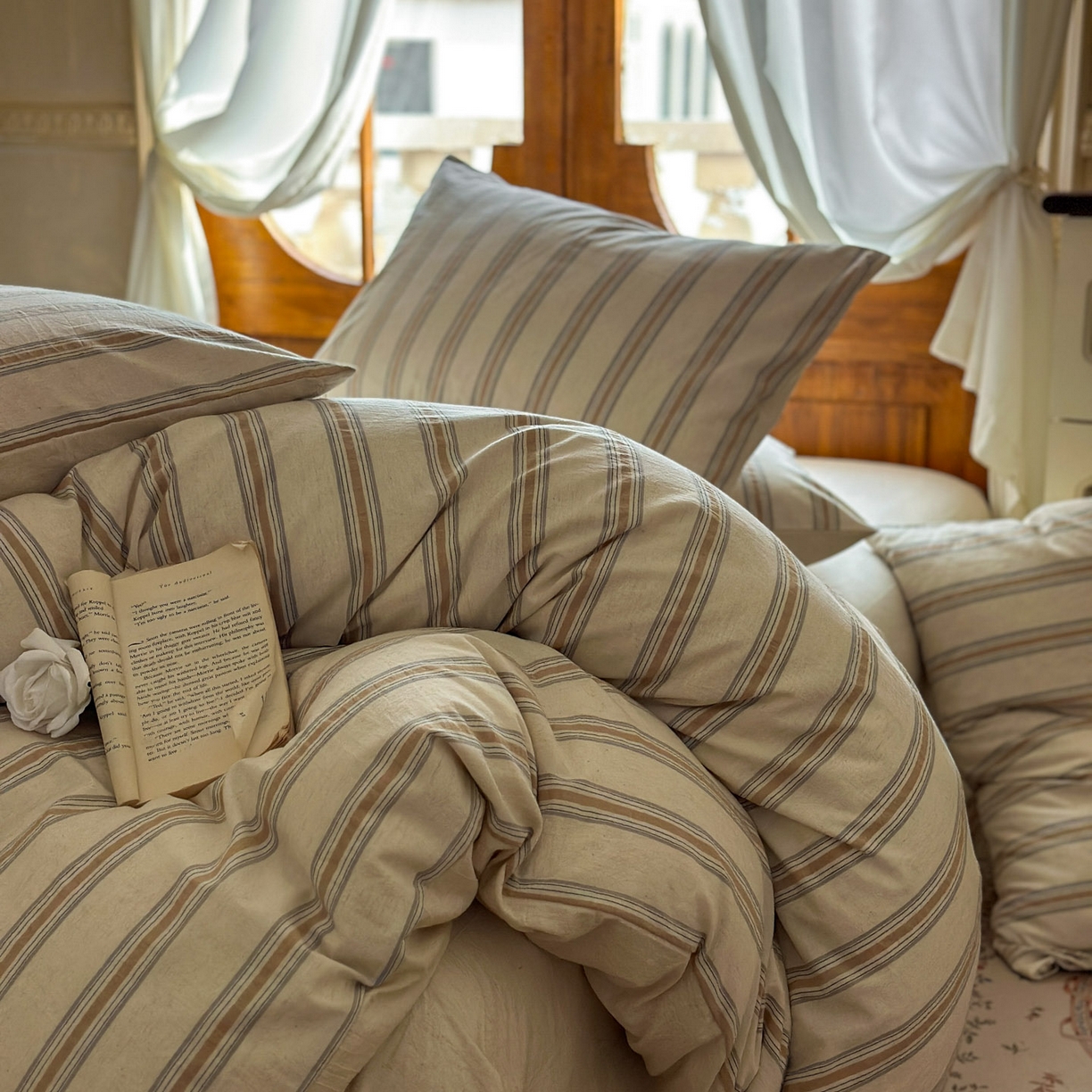 91家纺网 家纺一手货源 找家纺 田野 2026新款全棉棉麻四件套-条纹系列 禾风 卡其