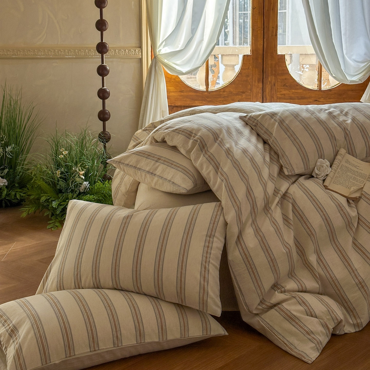 91家纺网 家纺一手货源 找家纺 田野 2026新款全棉棉麻四件套-条纹系列 禾风 卡其