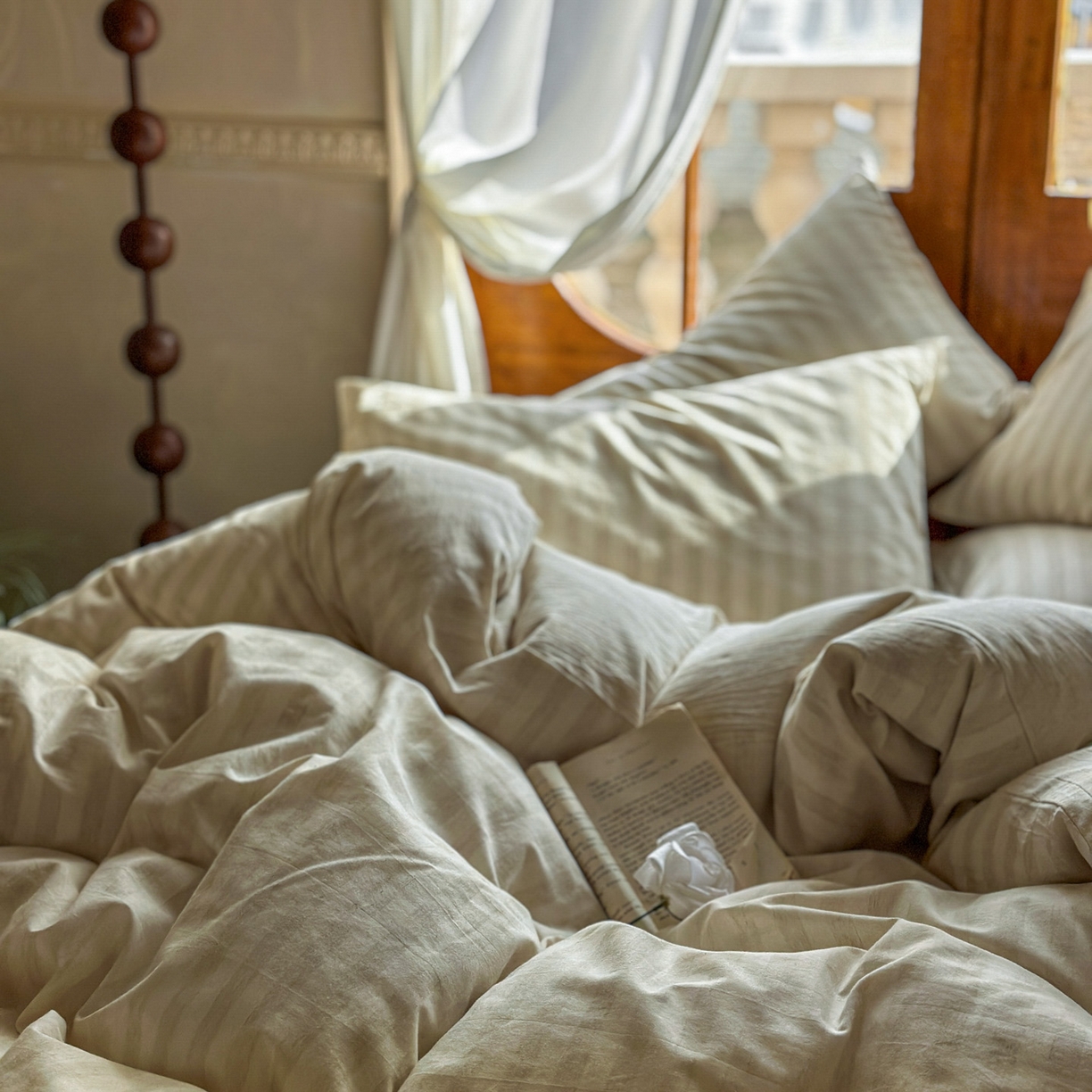 91家纺网 家纺一手货源 找家纺 田野 2026新款全棉棉麻四件套-条纹系列 禾风 米驼