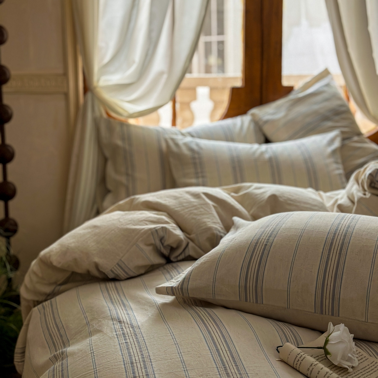 91家纺网 家纺一手货源 找家纺 田野 2026新款全棉棉麻四件套-条纹系列 禾风 兰灰