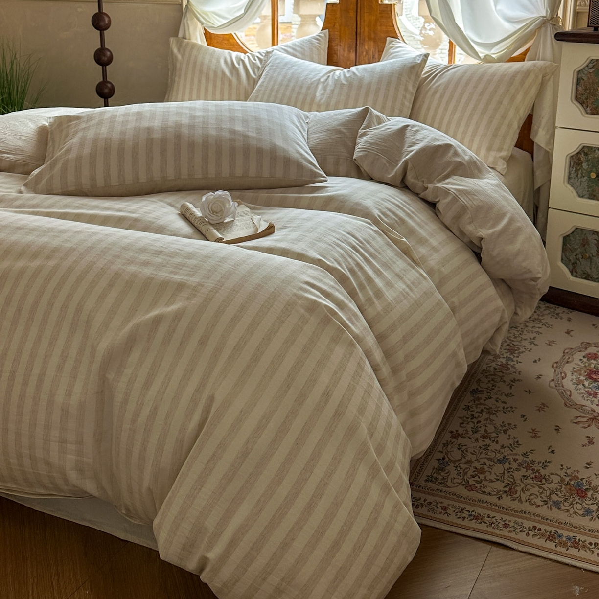 91家纺网 家纺一手货源 找家纺 田野 2026新款全棉棉麻四件套-条纹系列 禾风 米驼