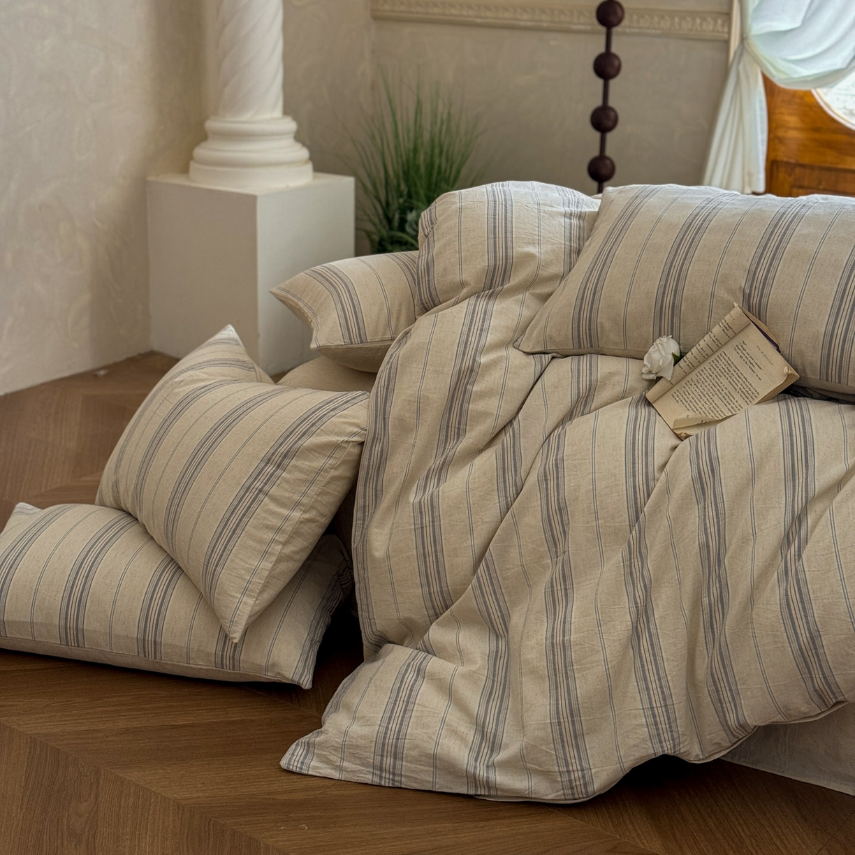 91家纺网 家纺一手货源 找家纺 田野 2026新款全棉棉麻四件套-条纹系列 禾风 兰灰