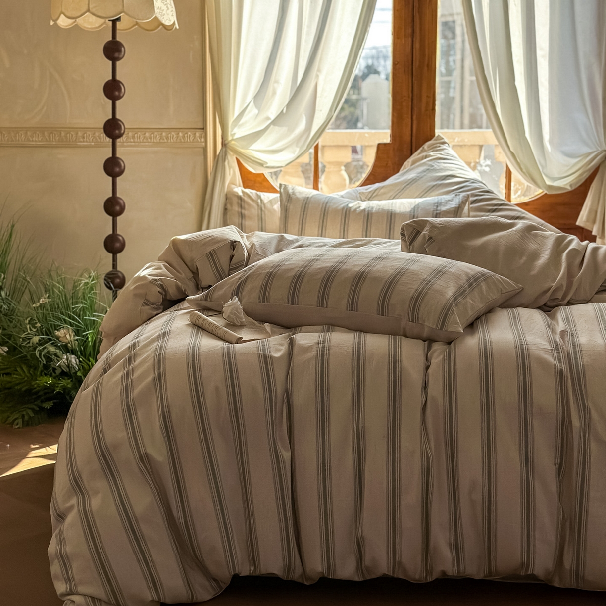 91家纺网 家纺一手货源 找家纺 田野 2026新款全棉棉麻四件套-条纹系列 禾风 粉绿