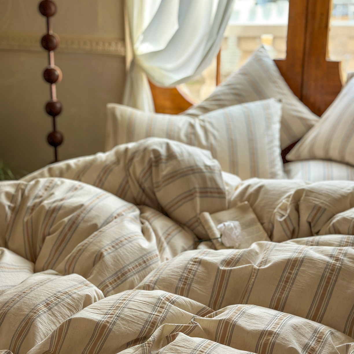 91家纺网 家纺一手货源 找家纺 田野 2026新款全棉棉麻四件套-条纹系列 禾风 卡其