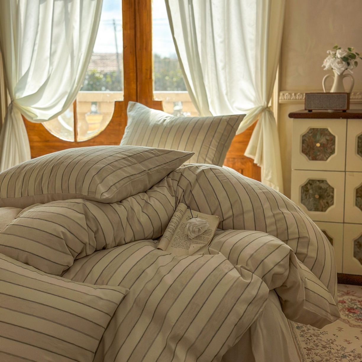 91家纺网 家纺一手货源 找家纺 田野 2026新款全棉棉麻四件套-条纹系列 禾风 紫条